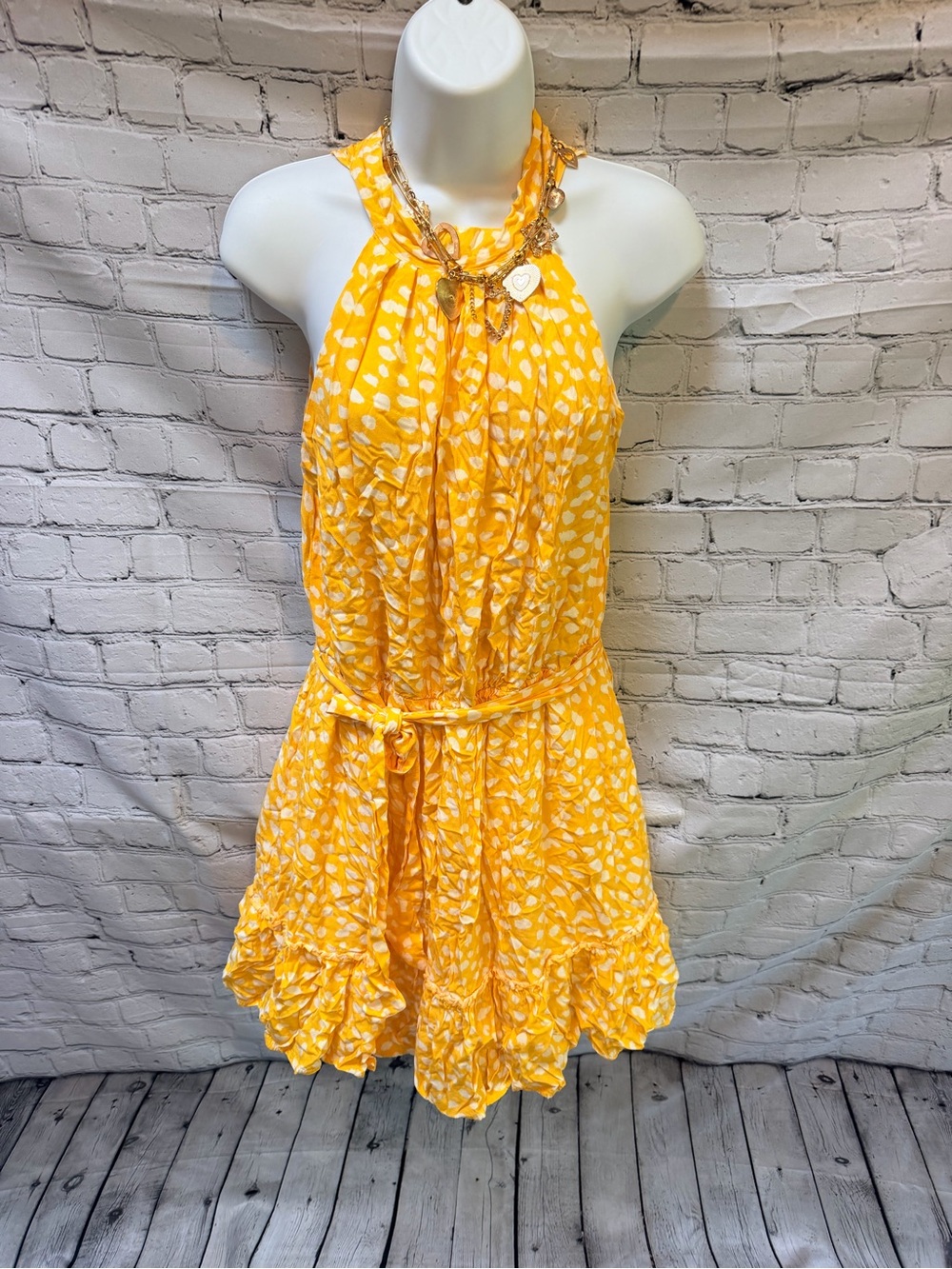 BTFBM Yellow White Print Halter Mini Dress Open Back Ruffle Large